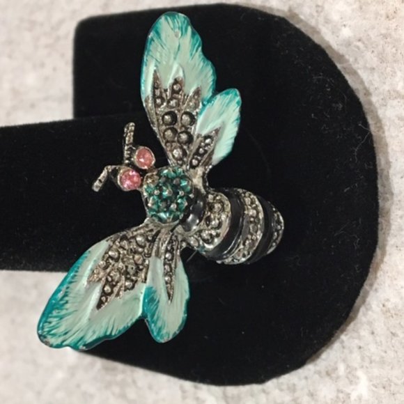 Silver Painted Rhinestone Bee Insect Brooch Pin - Picture 2 of 4